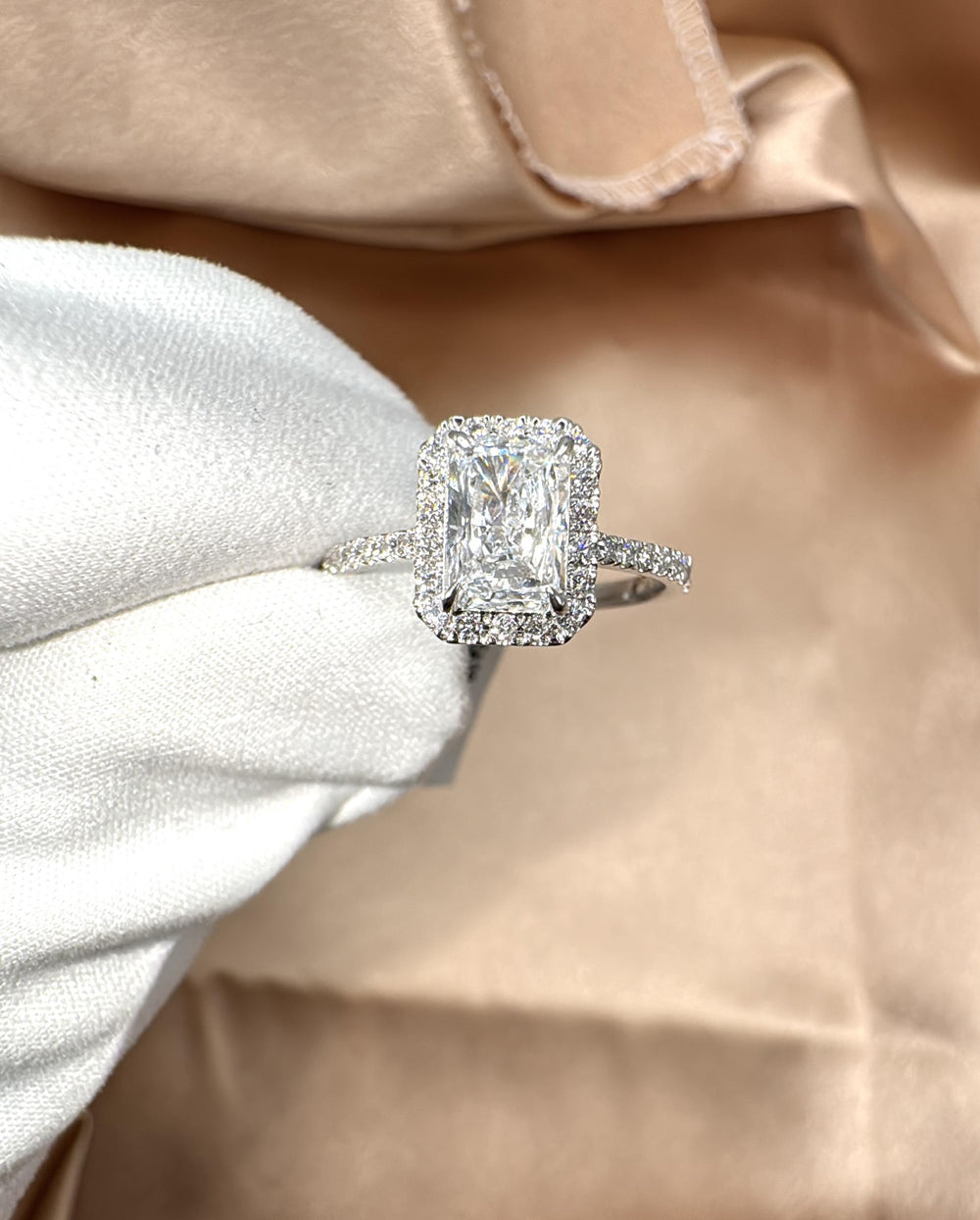 1.70 CTW Emerald Cut Lab-Grown Diamond Halo Ring for Sale