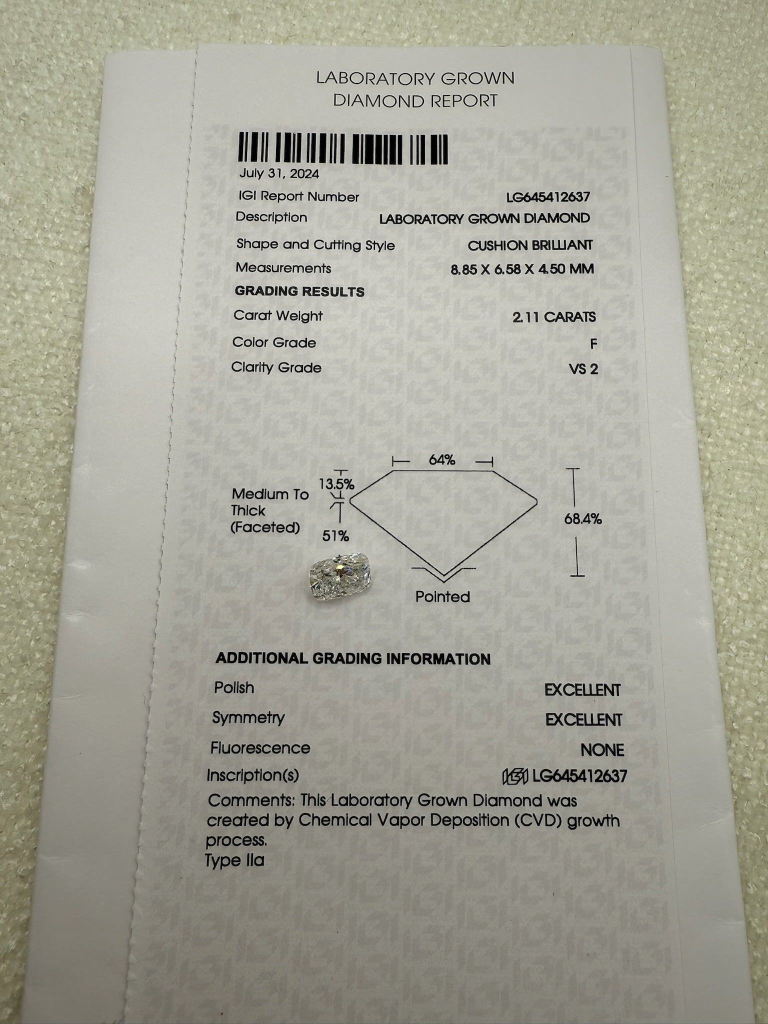 2.11 Carat Cushion Cut Lab Grown Diamond | F Color VS2 Clarity IGI Certified