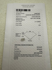 2.11 Carat Cushion Cut Lab Grown Diamond | F Color VS2 Clarity IGI Certified